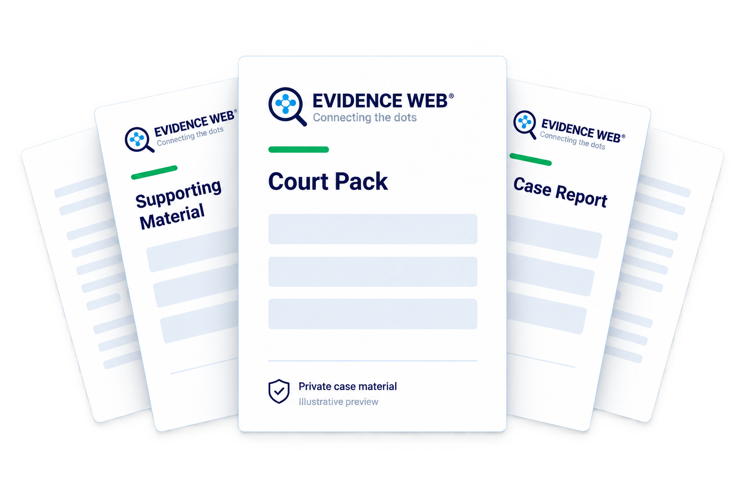 Layered Evidence Web Court Pack, Case Report and Supporting Material documents with illustrative placeholders