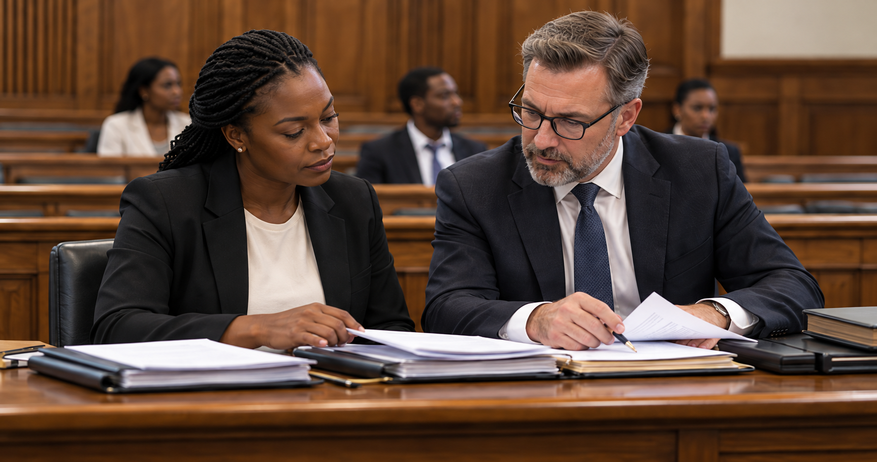 A client and lawyer reviewing case documents together in a courtroom