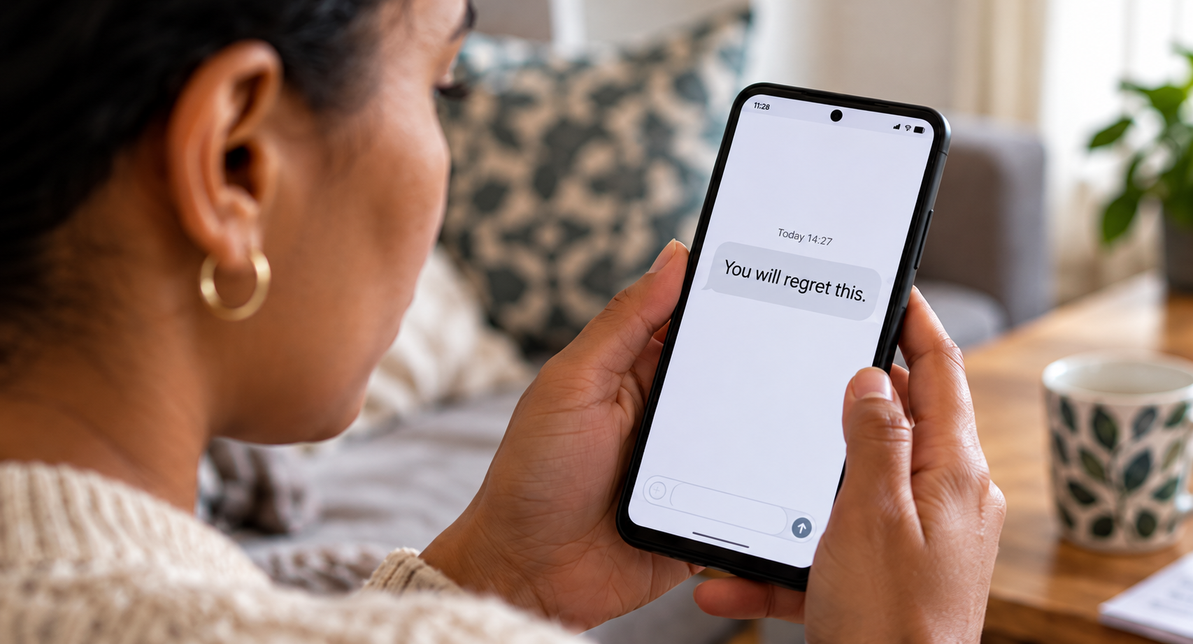 A woman viewing a threatening message on her phone