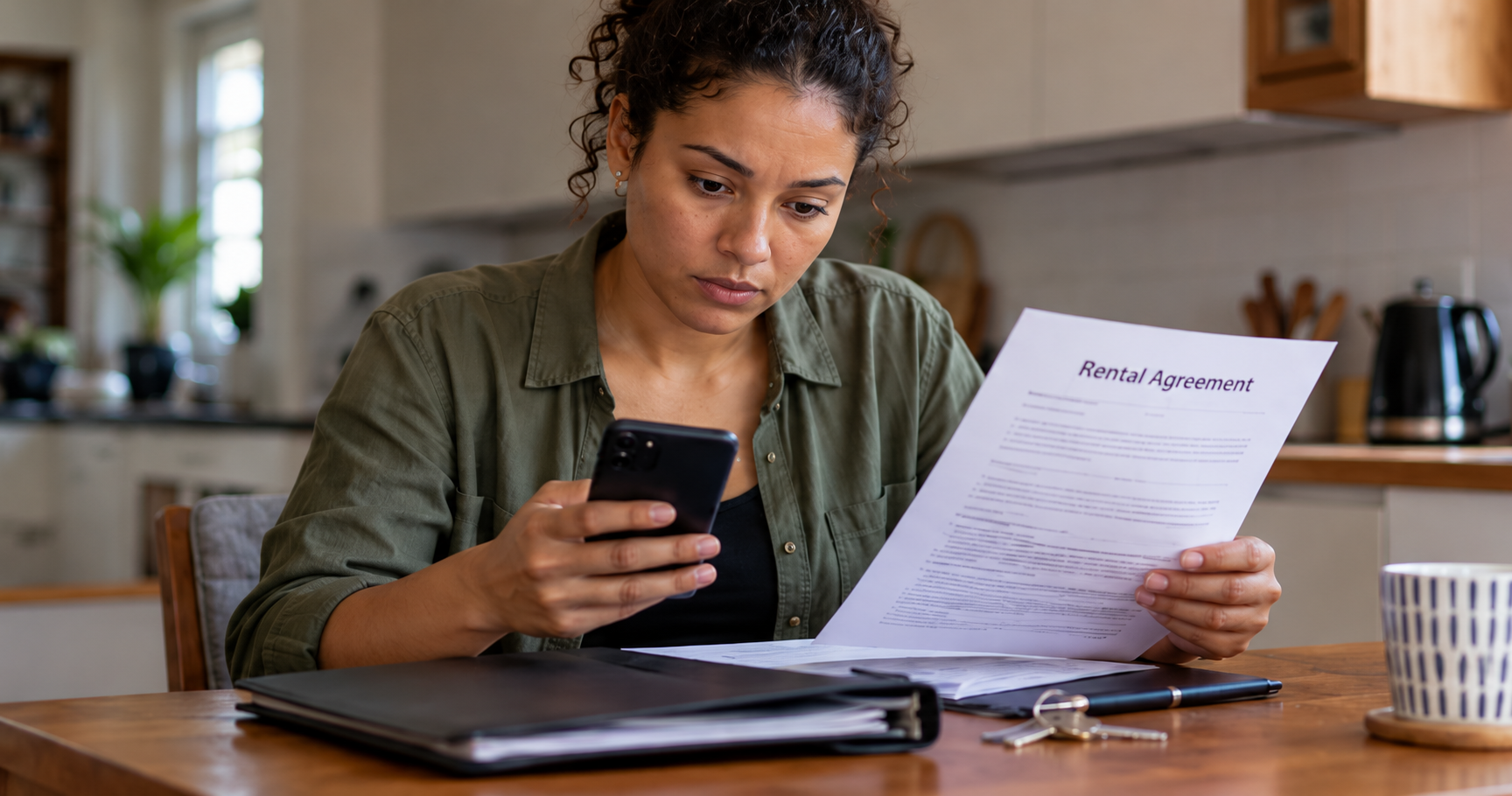 A tenant reviewing a rental agreement and related messages at home