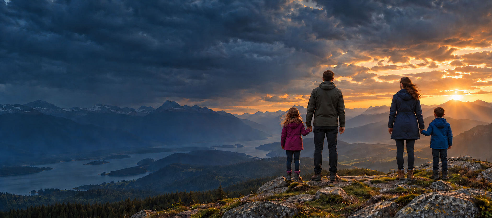 A father holding his daughter's hand beside a mother holding her son's hand, looking across a mountain valley