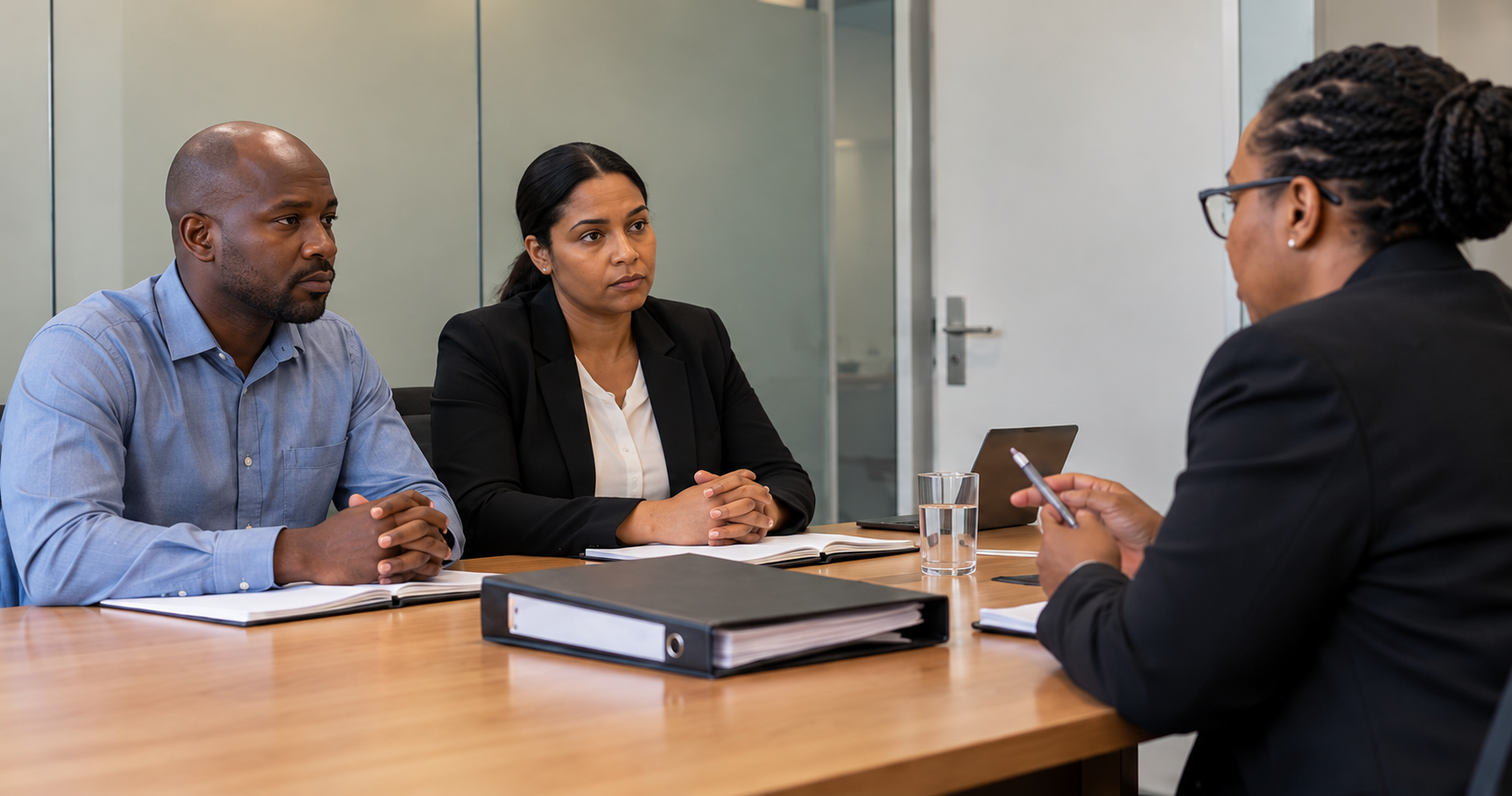 An employee and representative attending a disciplinary hearing