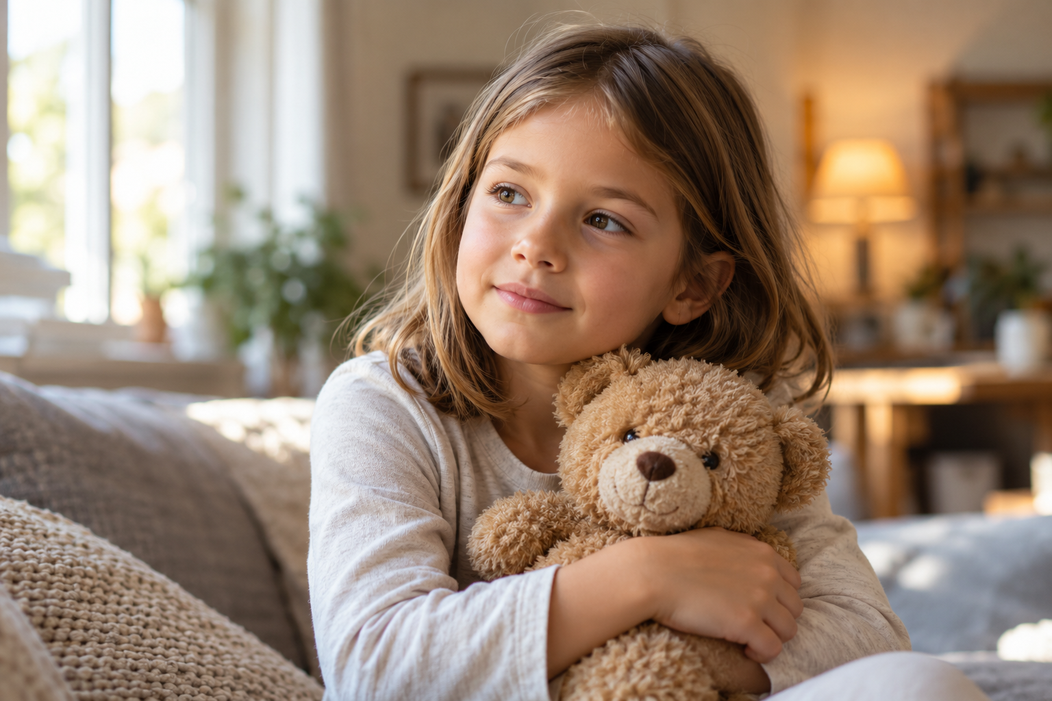 A young girl holding a teddy bear, in a quiet moment at home